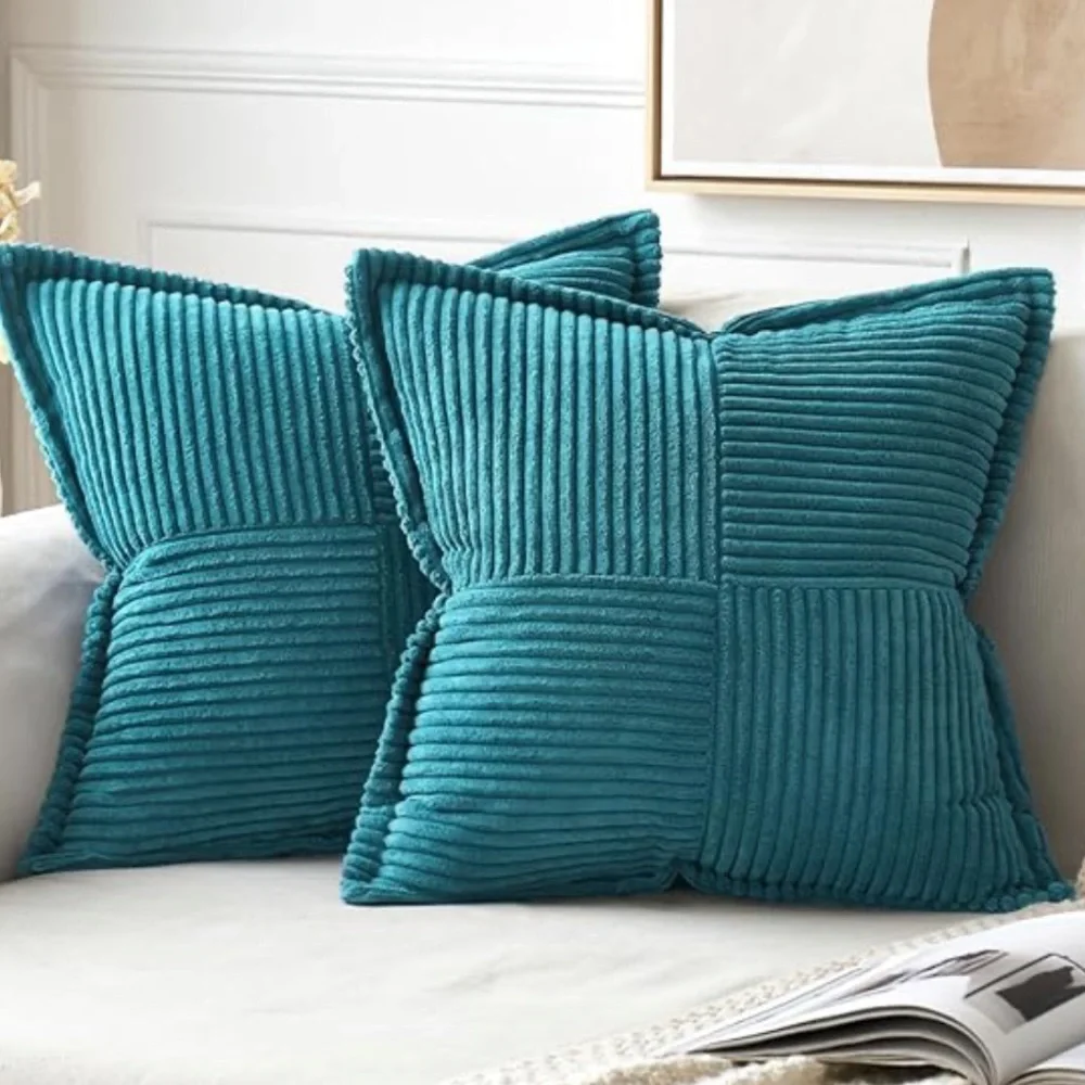 ‘Car Home Office Outdoors’ Striped Patchwork Corduroy Pillow Covers TEAL BLUE